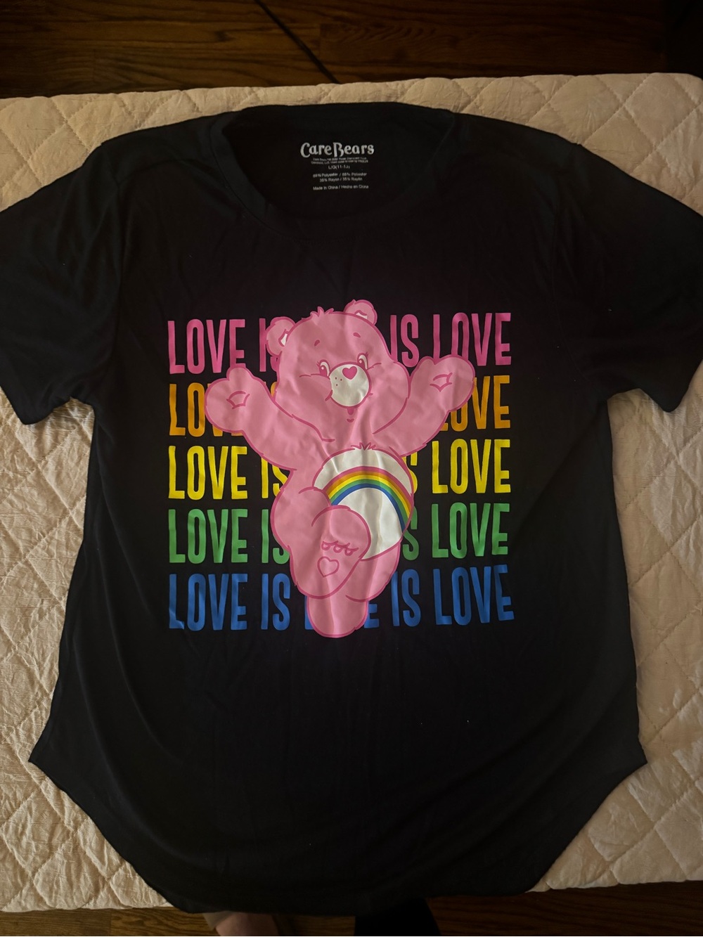 Care Bears Black Tee with Pink Bear and Rainbow Graphic